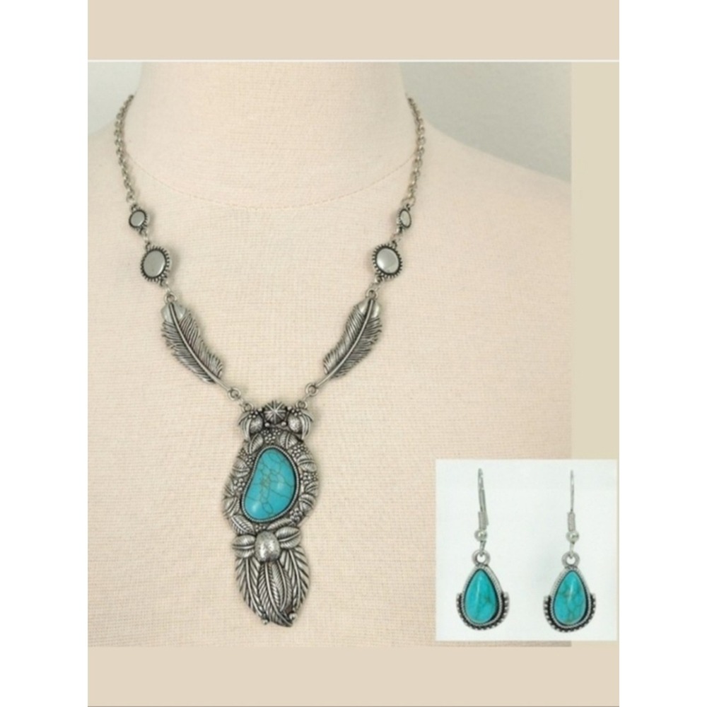 Navaho Feather Turquoise Silver Statement Pendant Necklace & Dangle Earring Set